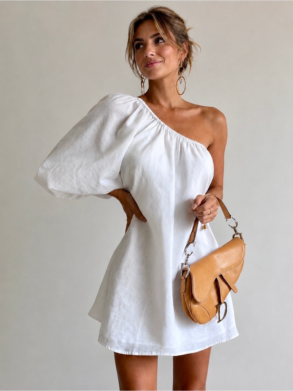 Commense Aegean Cotton Linen Blend One Sleeve Short Dress